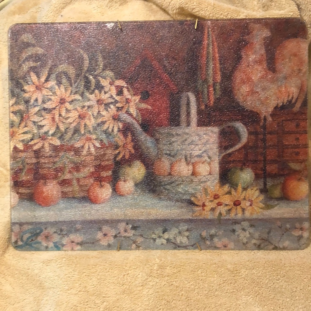 Daisies & Rooster Tempered Glass Cutting Board 15x12